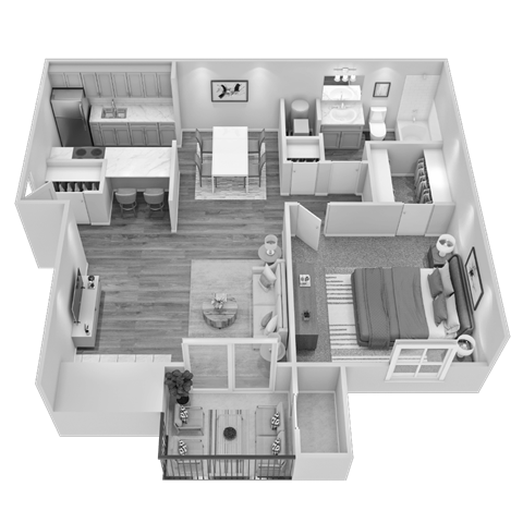 Floor plan for 1 bed, 1 bath, 756 sqft